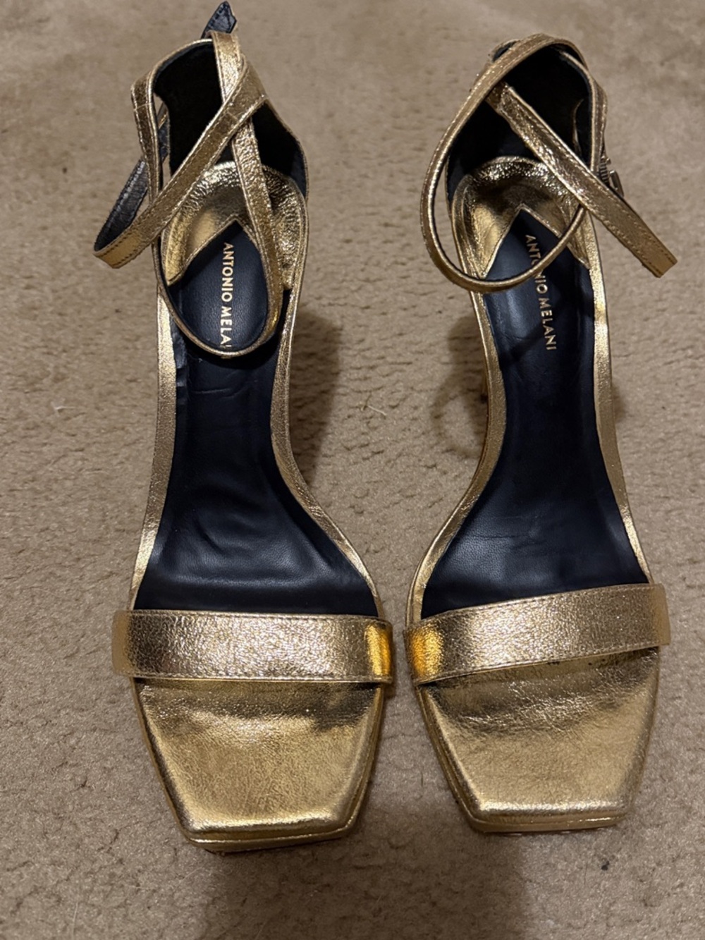 ANTONIO MELANI Metallic Gold Square-Toe Ankle-Strap Heels